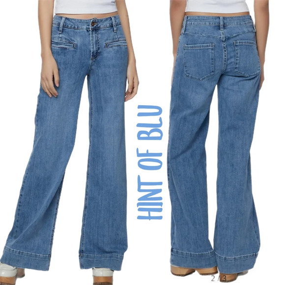 Hint Of Blu Womens Med Wash Wide Leg Welt Pocket Stretch Comfort Jeans Sz 32x31 - Picture 1 of 12